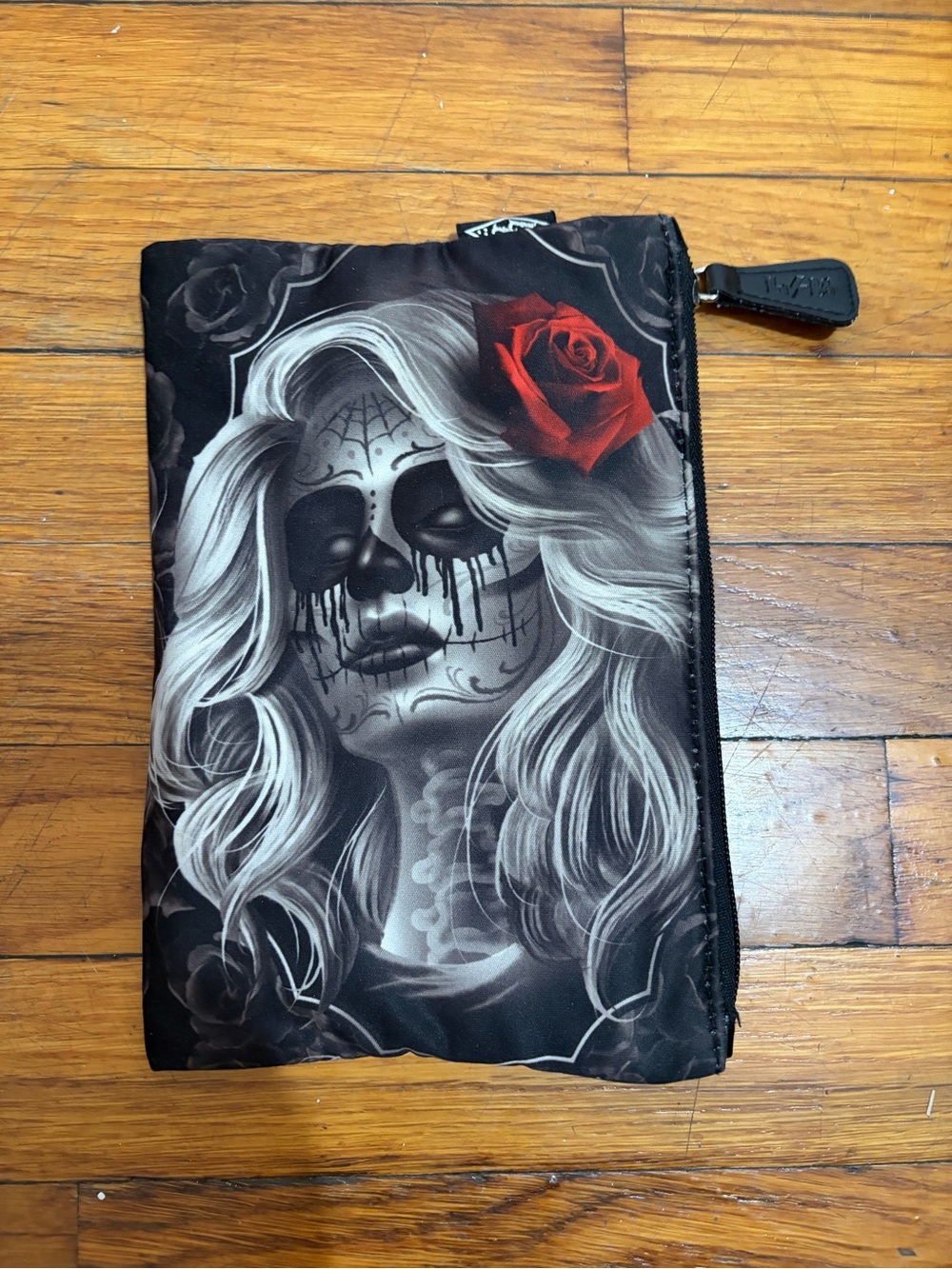Stylish Day of the Dead Zip Pouch with Red Rose